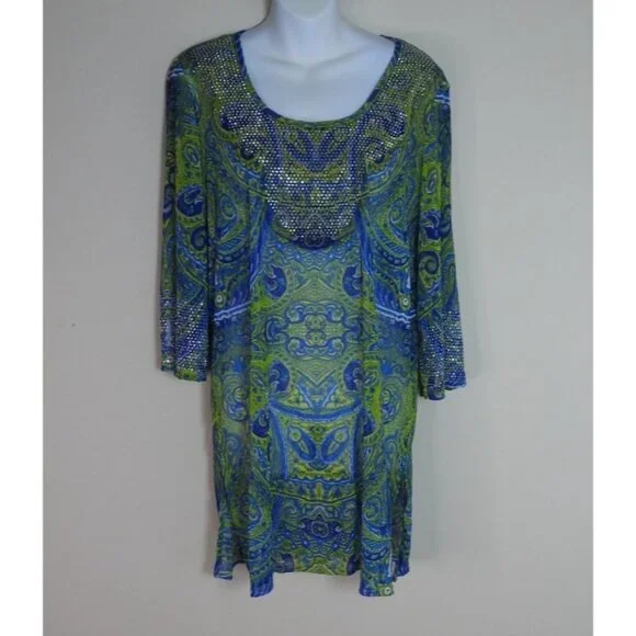 INC International Concepts Womenβs Tunic Top Blue Green Paisley Print Embellish - Picture 1 of 10